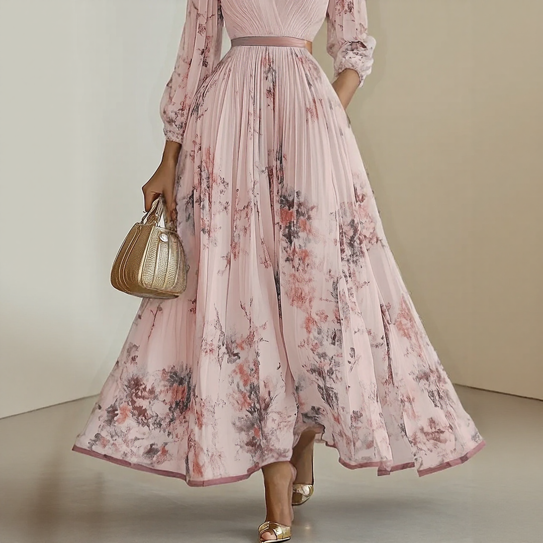 Pleated maxi dress with V-neck and waist tie for women