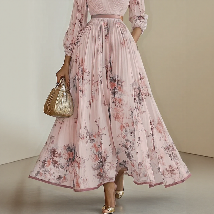 Pleated maxi dress with V-neck and waist tie for women