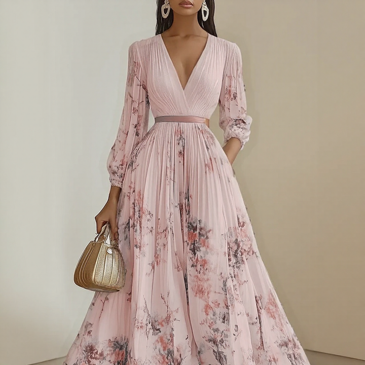 Pleated maxi dress with V-neck and waist tie for women