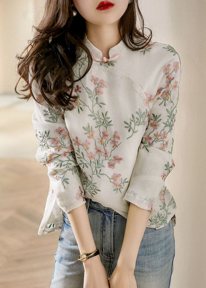 Linen floral print blouse with long sleeves for women