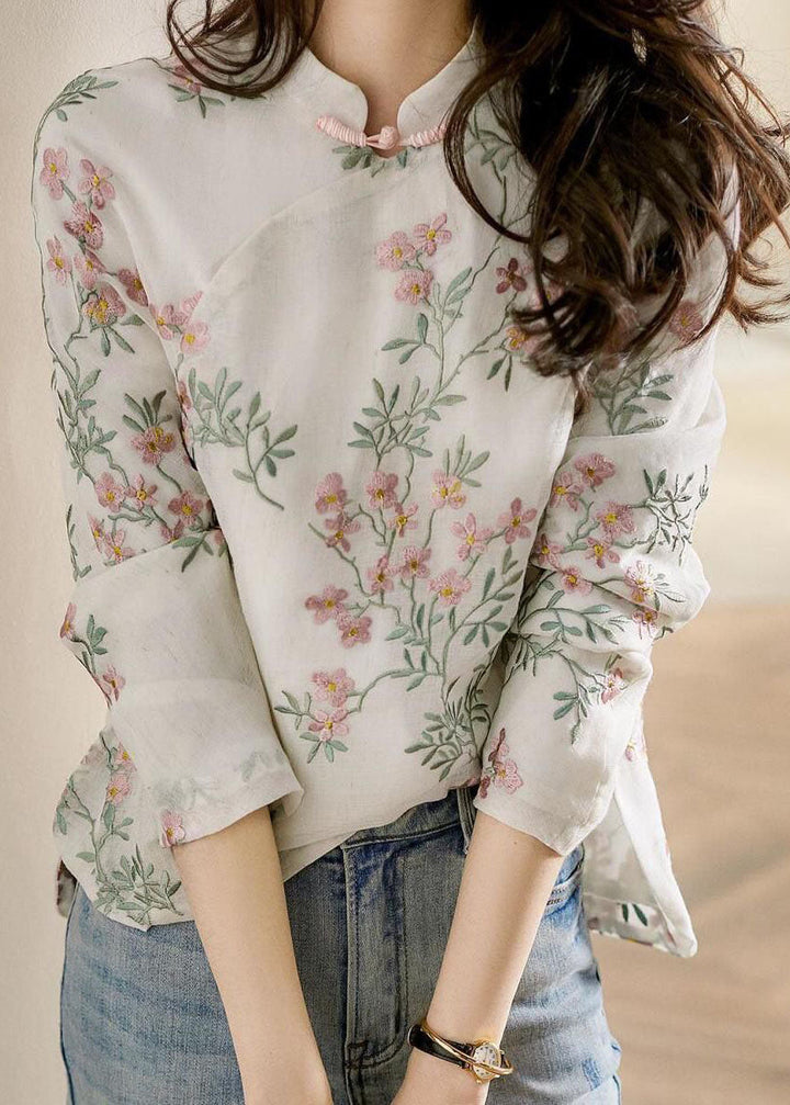 Linen floral print blouse with long sleeves for women