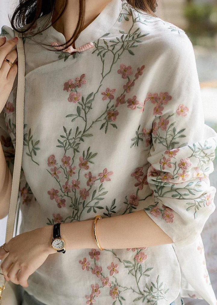 Linen floral print blouse with long sleeves for women