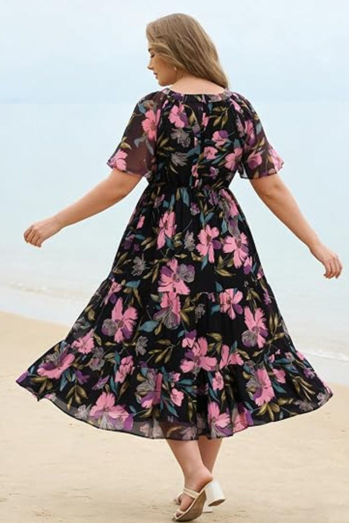 Floral tiered midi dress ruched V-neck with pockets plus size for women
