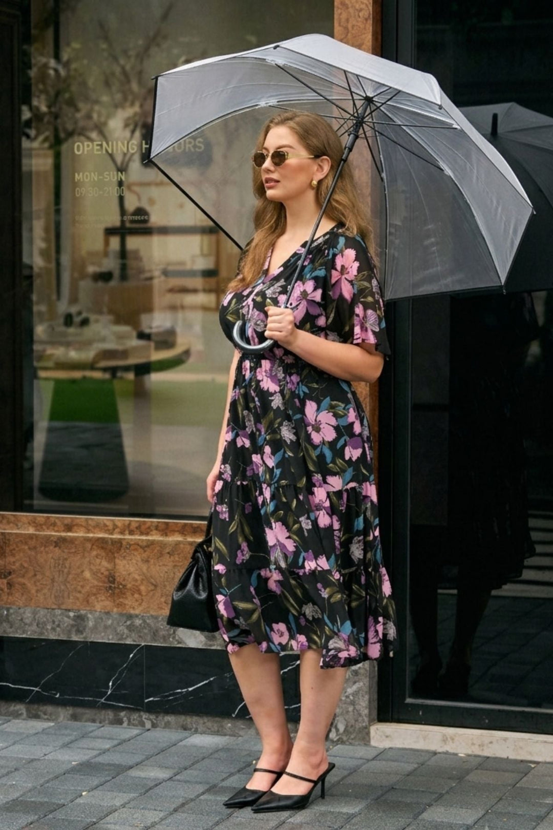 Floral tiered midi dress ruched V-neck with pockets plus size for women