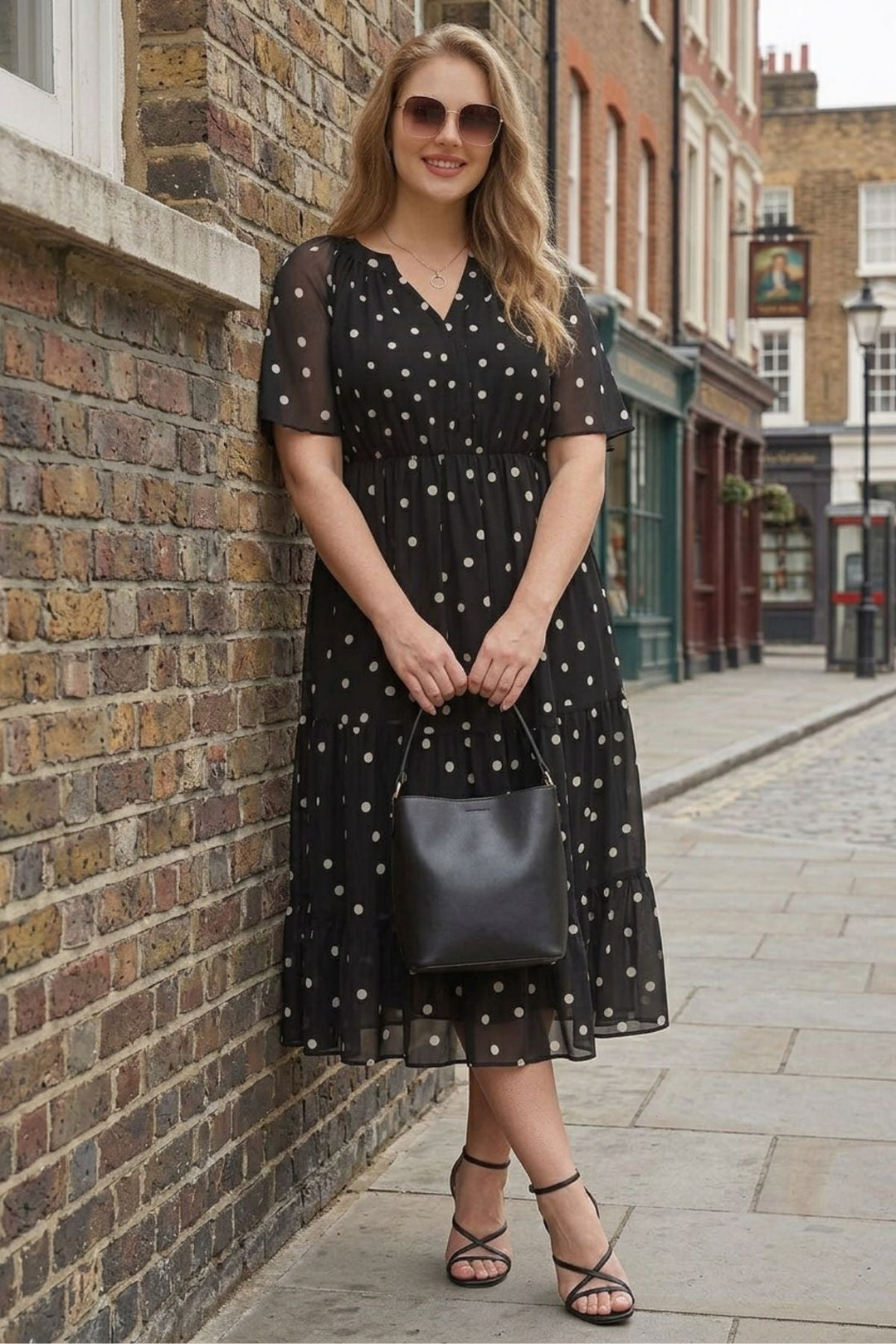 Floral tiered midi dress ruched V-neck with pockets plus size for women