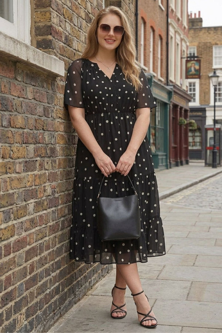 Floral tiered midi dress ruched V-neck with pockets plus size for women