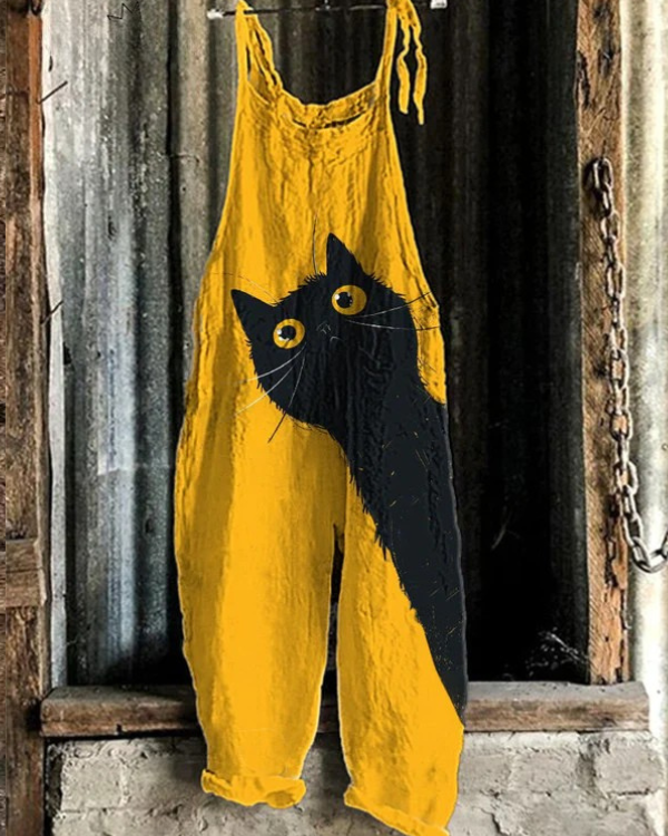 Cat print jumpsuit with relaxed fit and adjustable waist for women