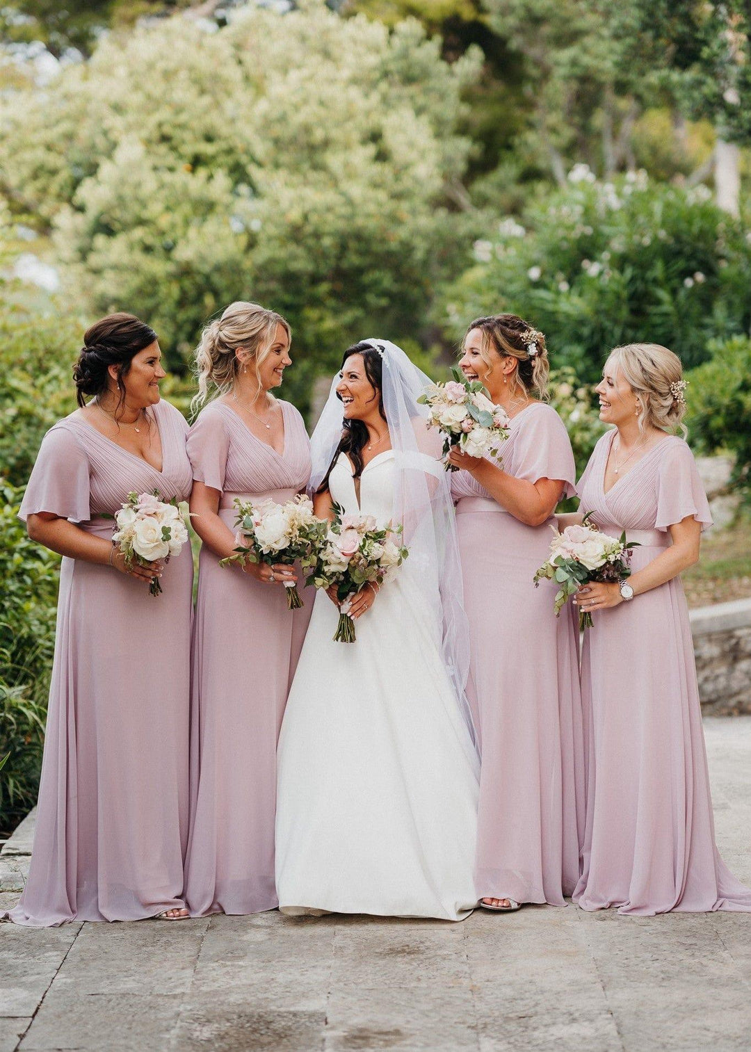 Plus size chiffon empire waist bridesmaid dress with short sleeves for women
