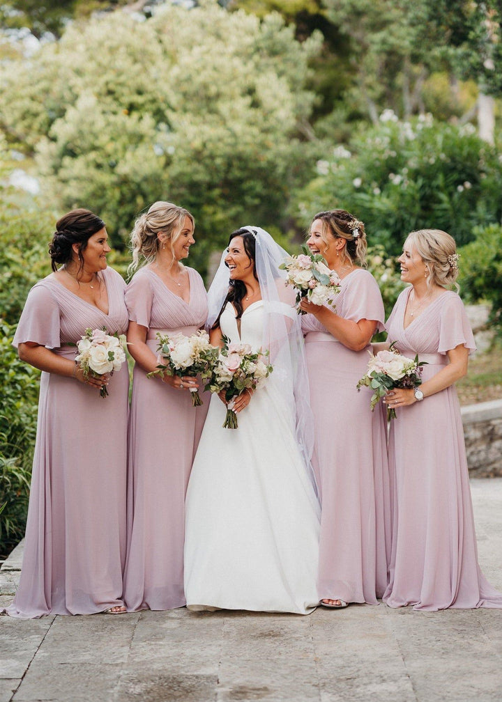 Plus size chiffon empire waist bridesmaid dress with short sleeves for women