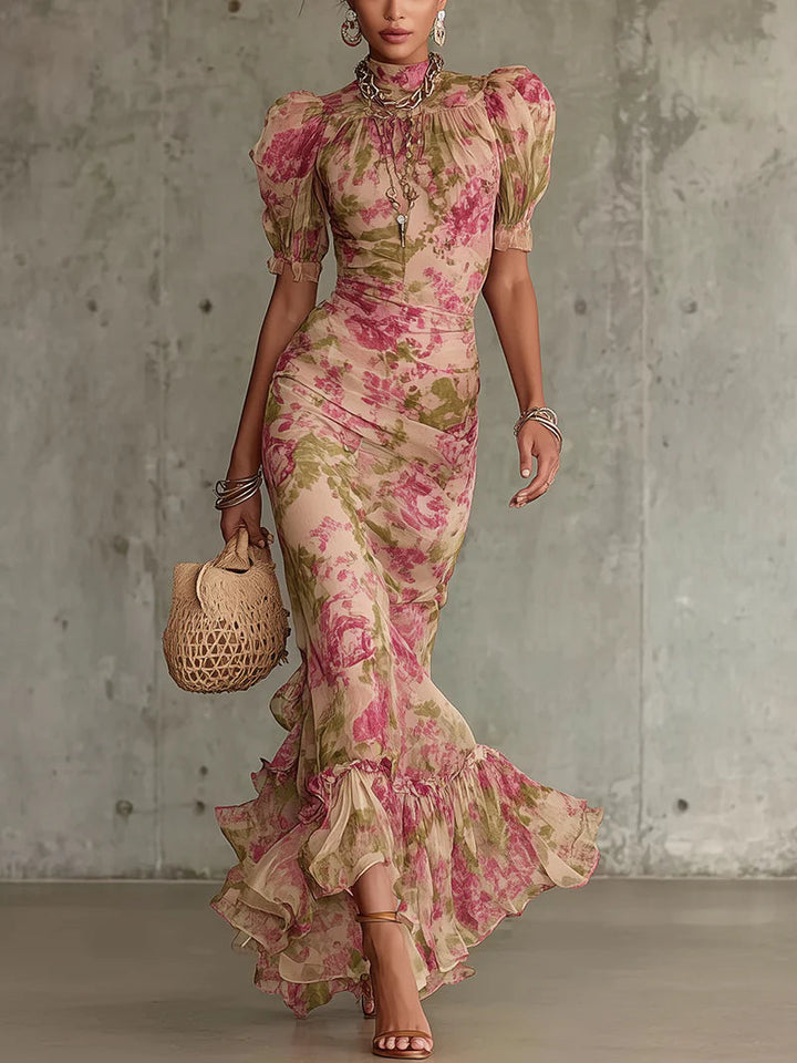 Rose print chiffon maxi dress with puff sleeves and tulle overlay for women