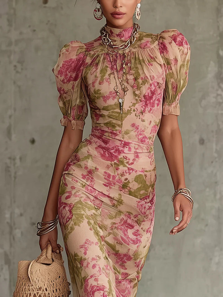 Rose print chiffon maxi dress with puff sleeves and tulle overlay for women