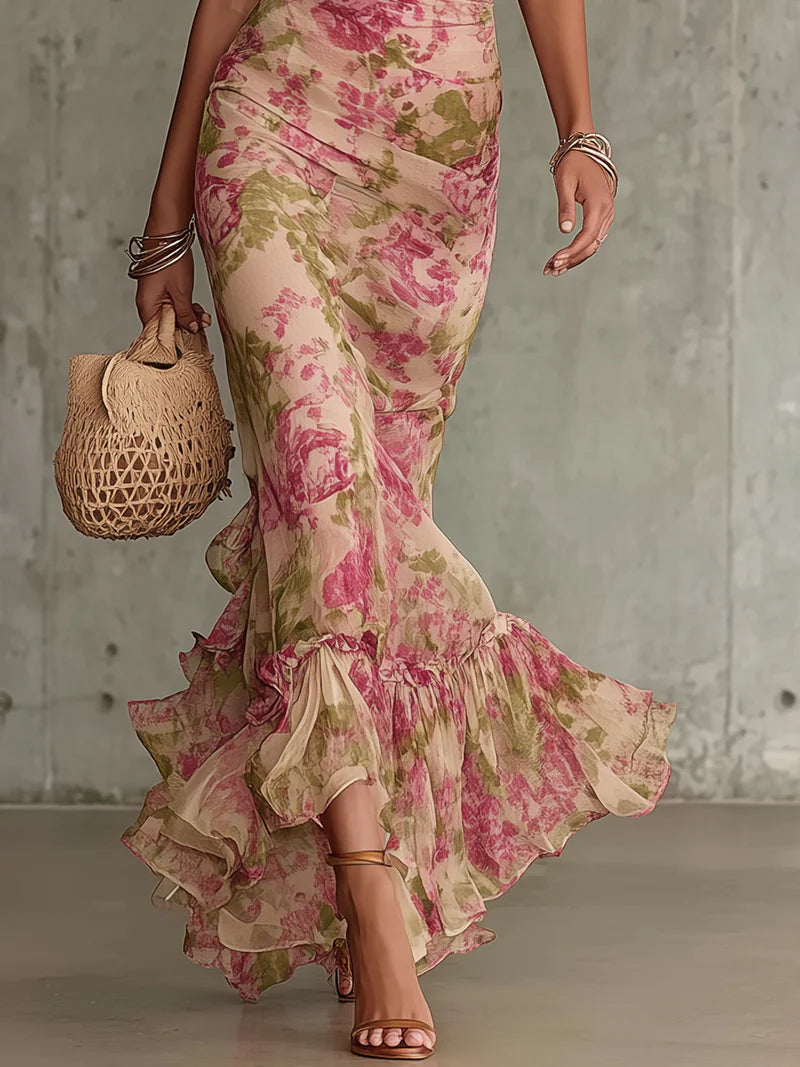 Rose print chiffon maxi dress with puff sleeves and tulle overlay for women