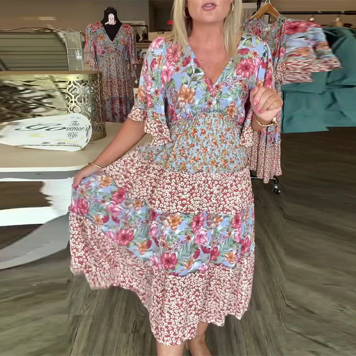 Floral maxi dress with V-neck and ruffle half sleeves for women