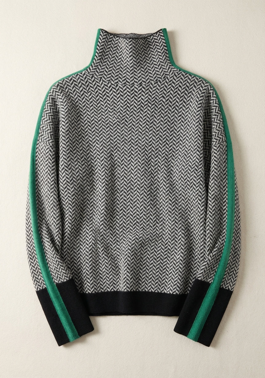 Women’s High Neck Sweater – Herringbone Pattern with Contrast Trim