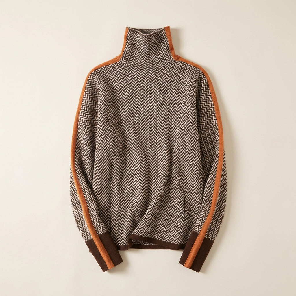 Women’s High Neck Sweater – Herringbone Pattern with Contrast Trim