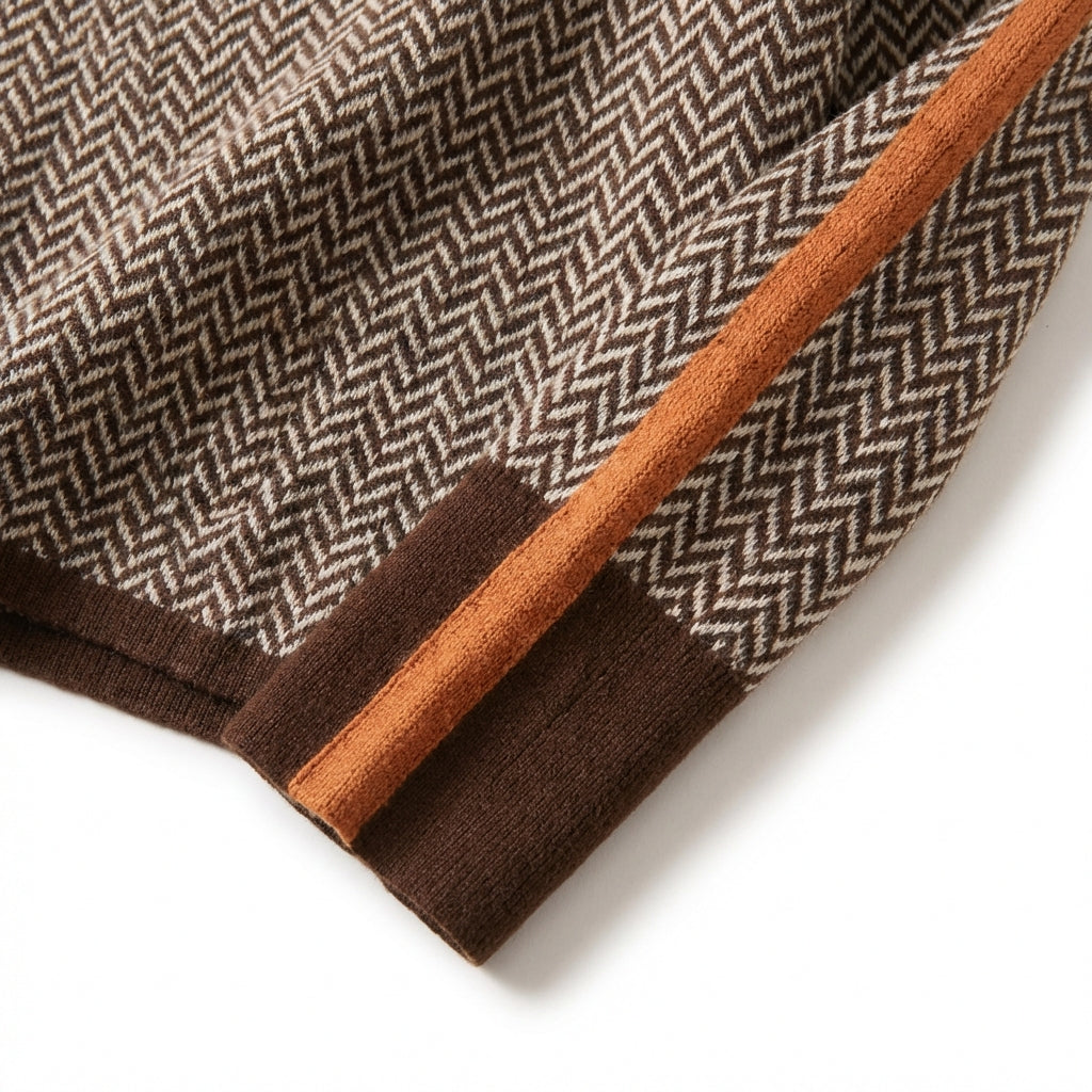 Women’s High Neck Sweater – Herringbone Pattern with Contrast Trim