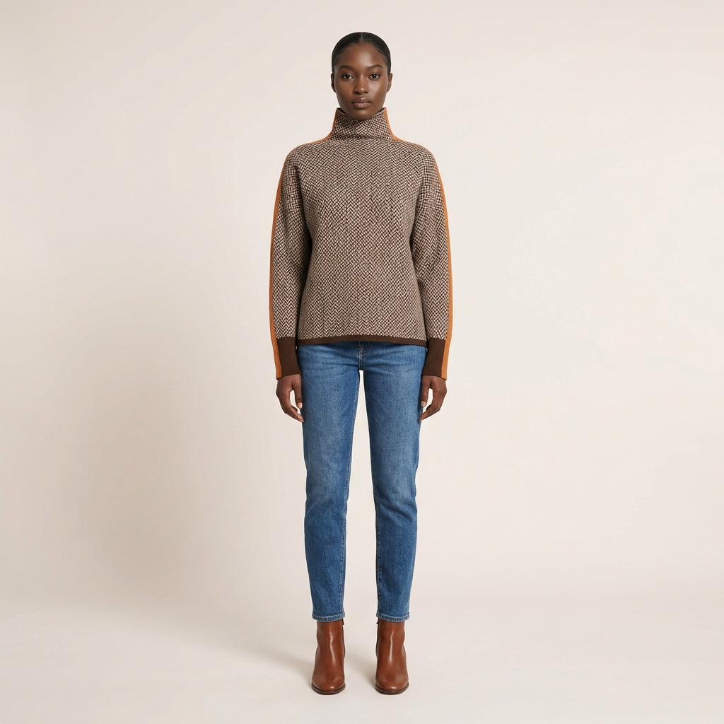 Women’s High Neck Sweater – Herringbone Pattern with Contrast Trim