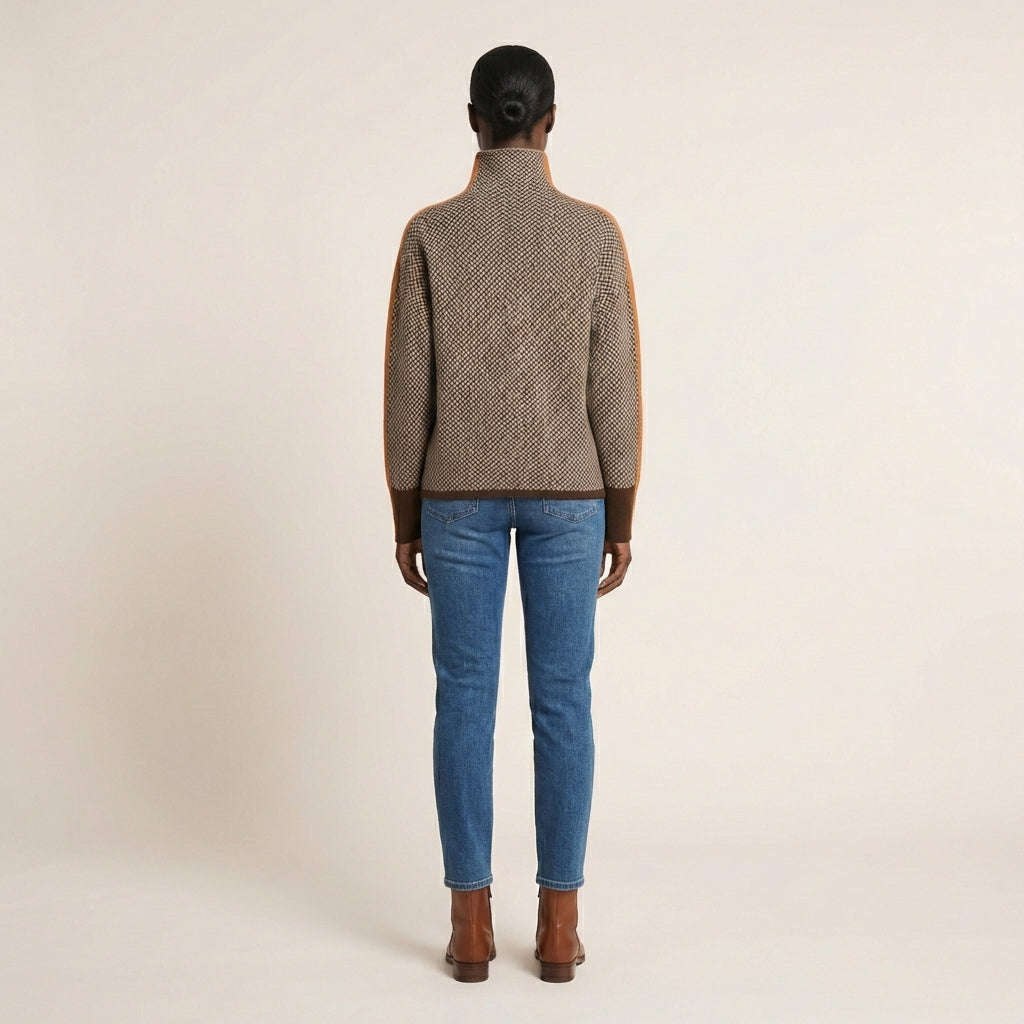 Women’s High Neck Sweater – Herringbone Pattern with Contrast Trim