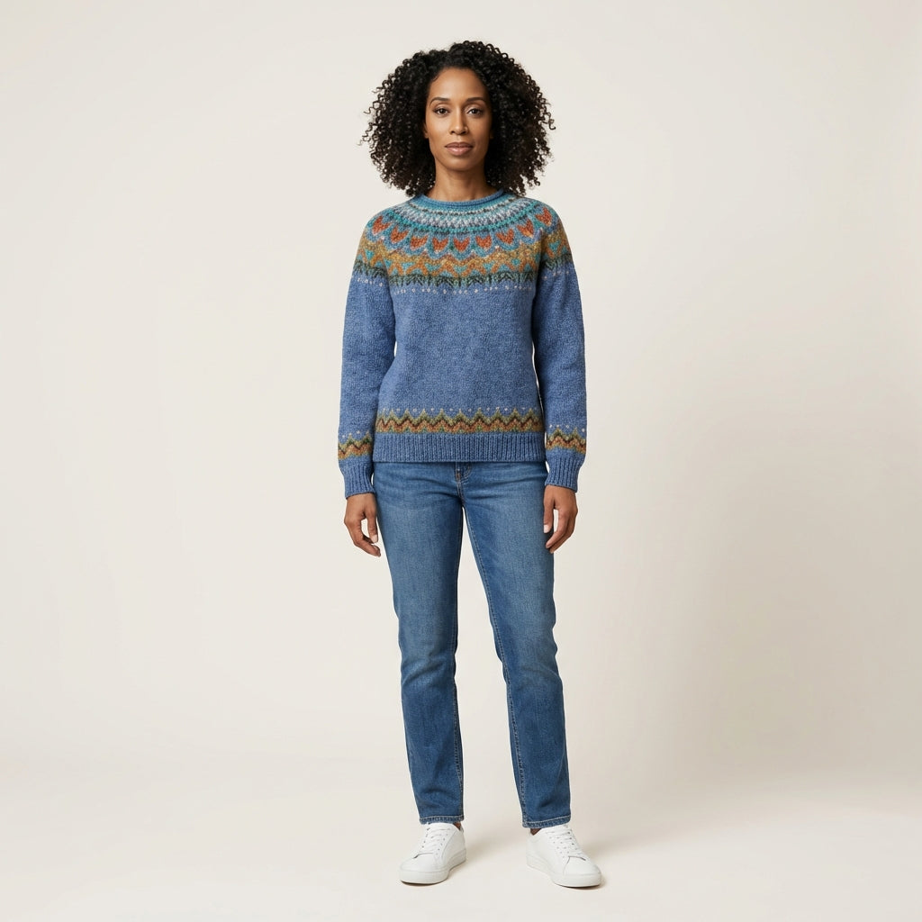 Women’s Knit Sweater – Crew Neck Design with Patterned Yoke