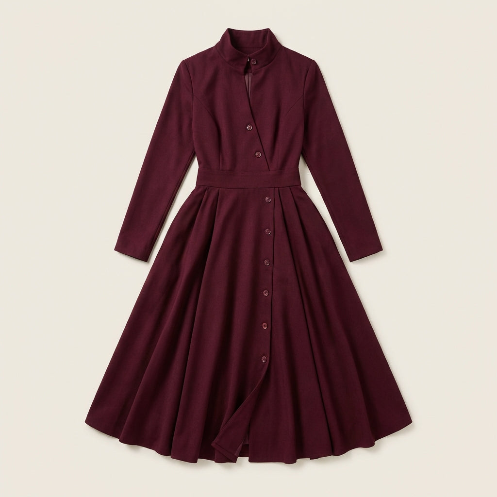Women’s Long-Sleeve Midi Dress – Button-Front Design with Stand Collar