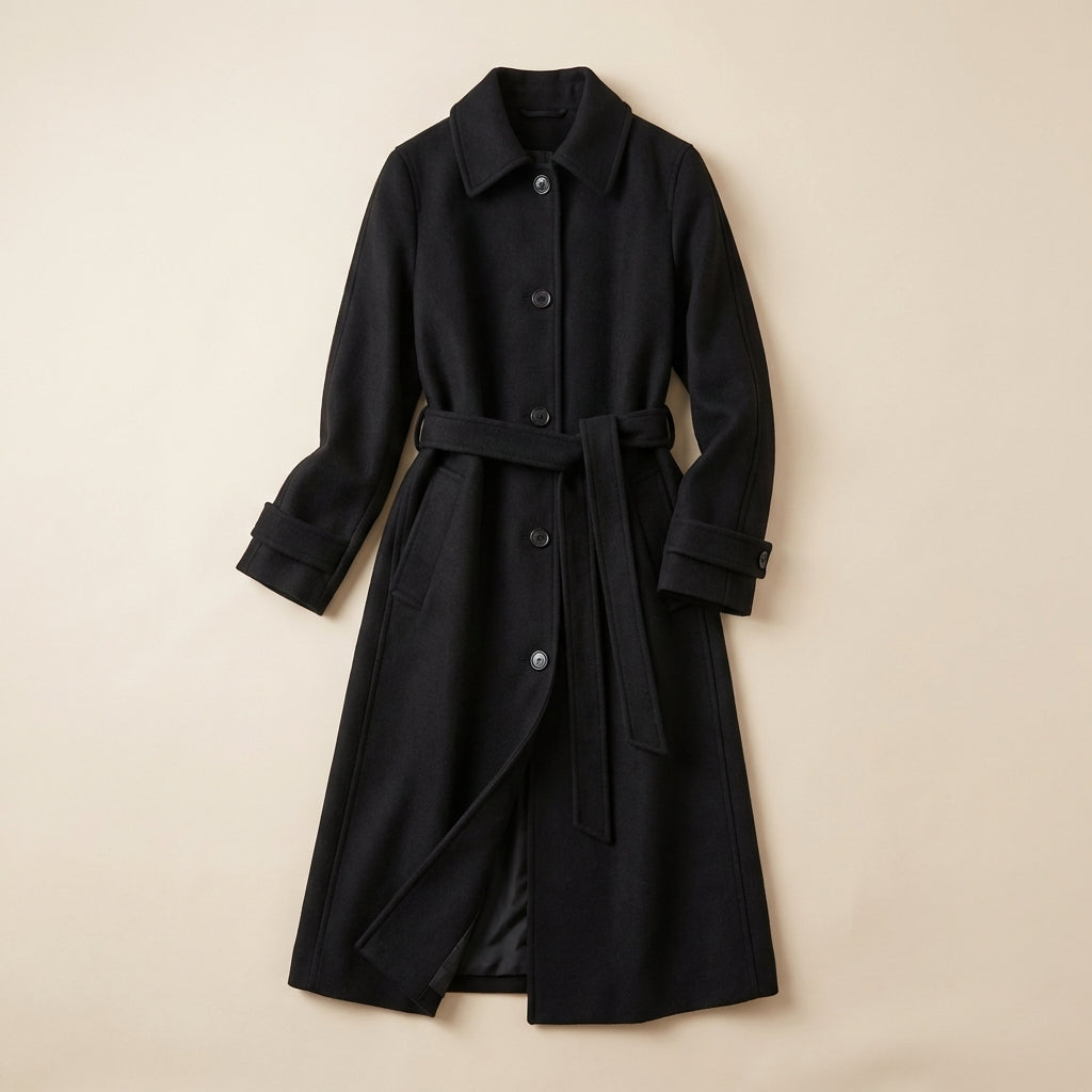 Women’s Long Button-Front Coat – Belted Waist Design