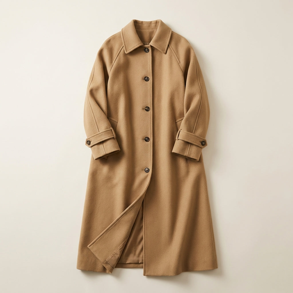 Women’s Long Button-Front Coat – Belted Waist Design