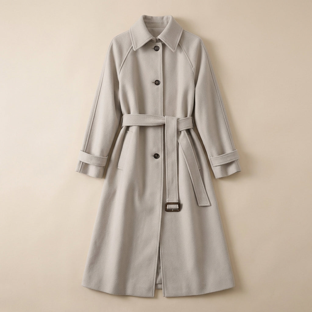 Women’s Long Button-Front Coat – Belted Waist Design