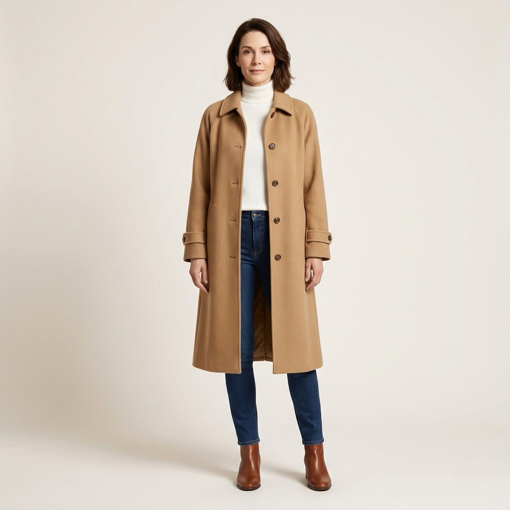 Women’s Long Button-Front Coat – Belted Waist Design