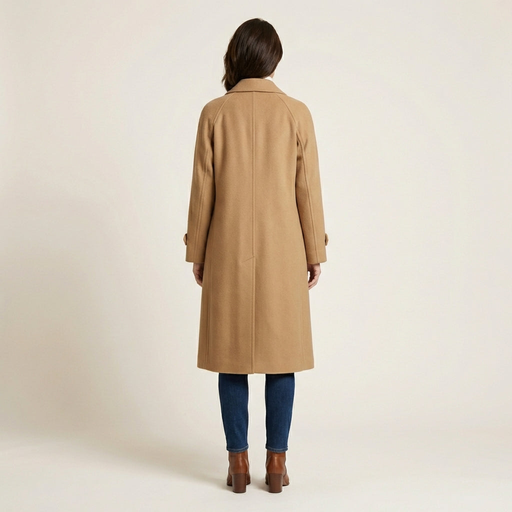 Women’s Long Button-Front Coat – Belted Waist Design