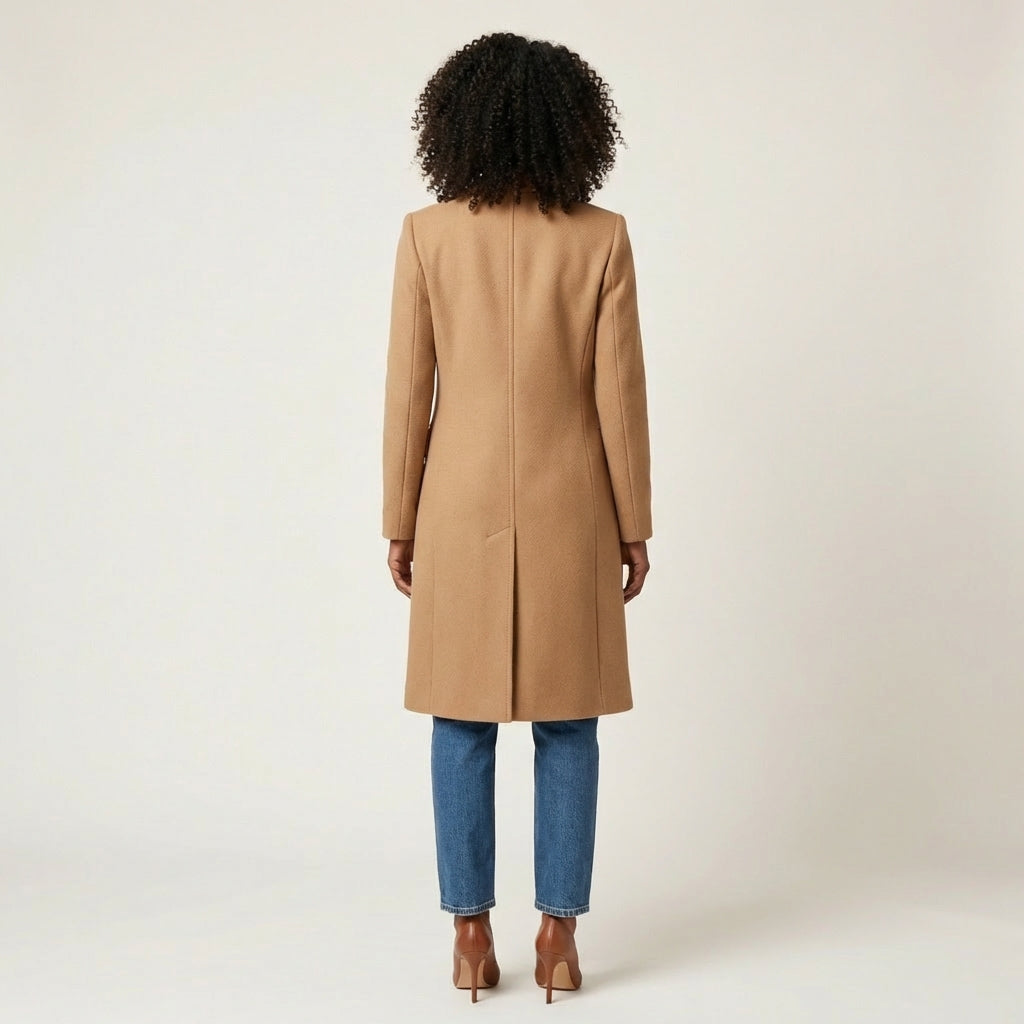 Women’s Long Coat – Double-Breasted Design with Notched Lapel
