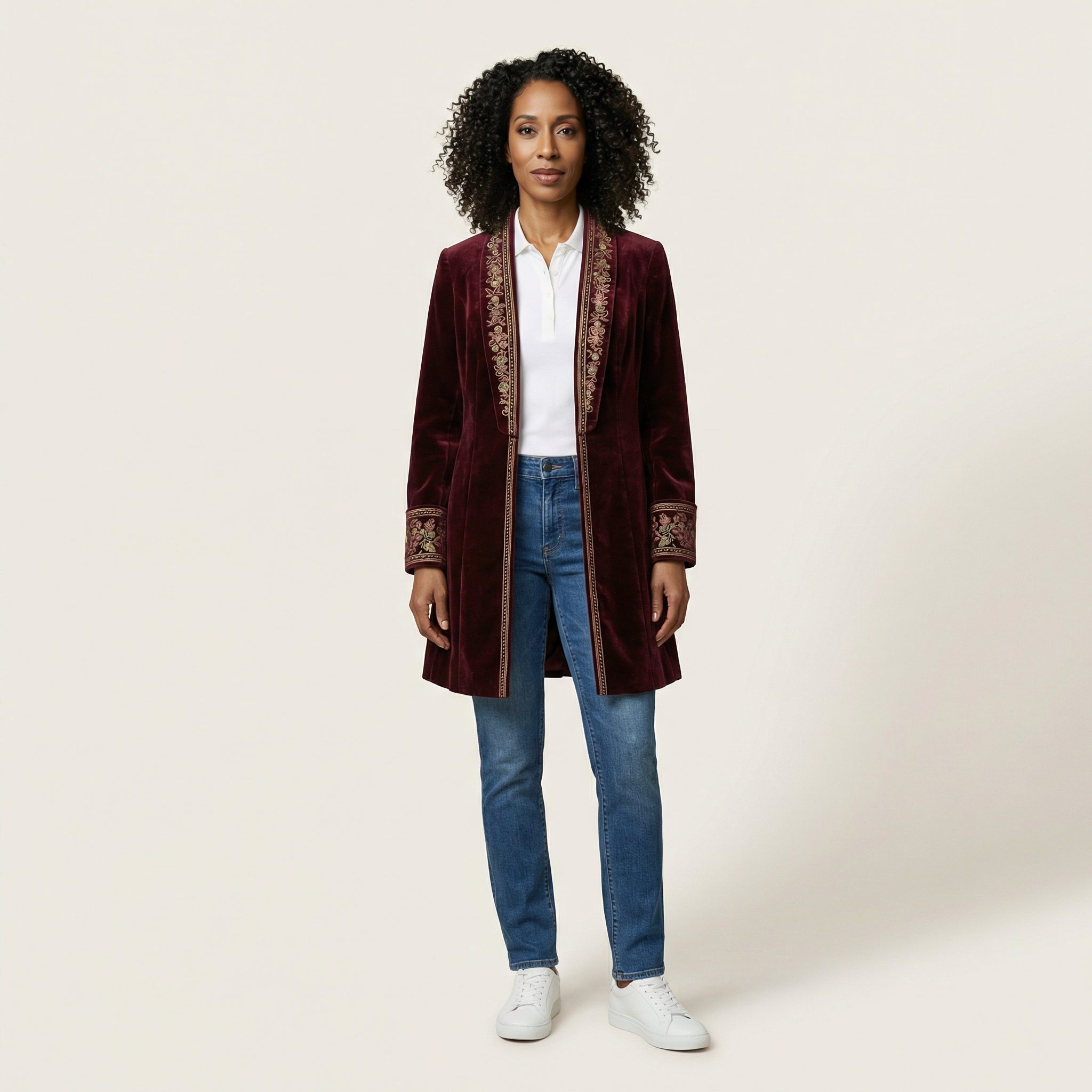 Women’s Long Coat – Embroidered Trim Design with Open Front