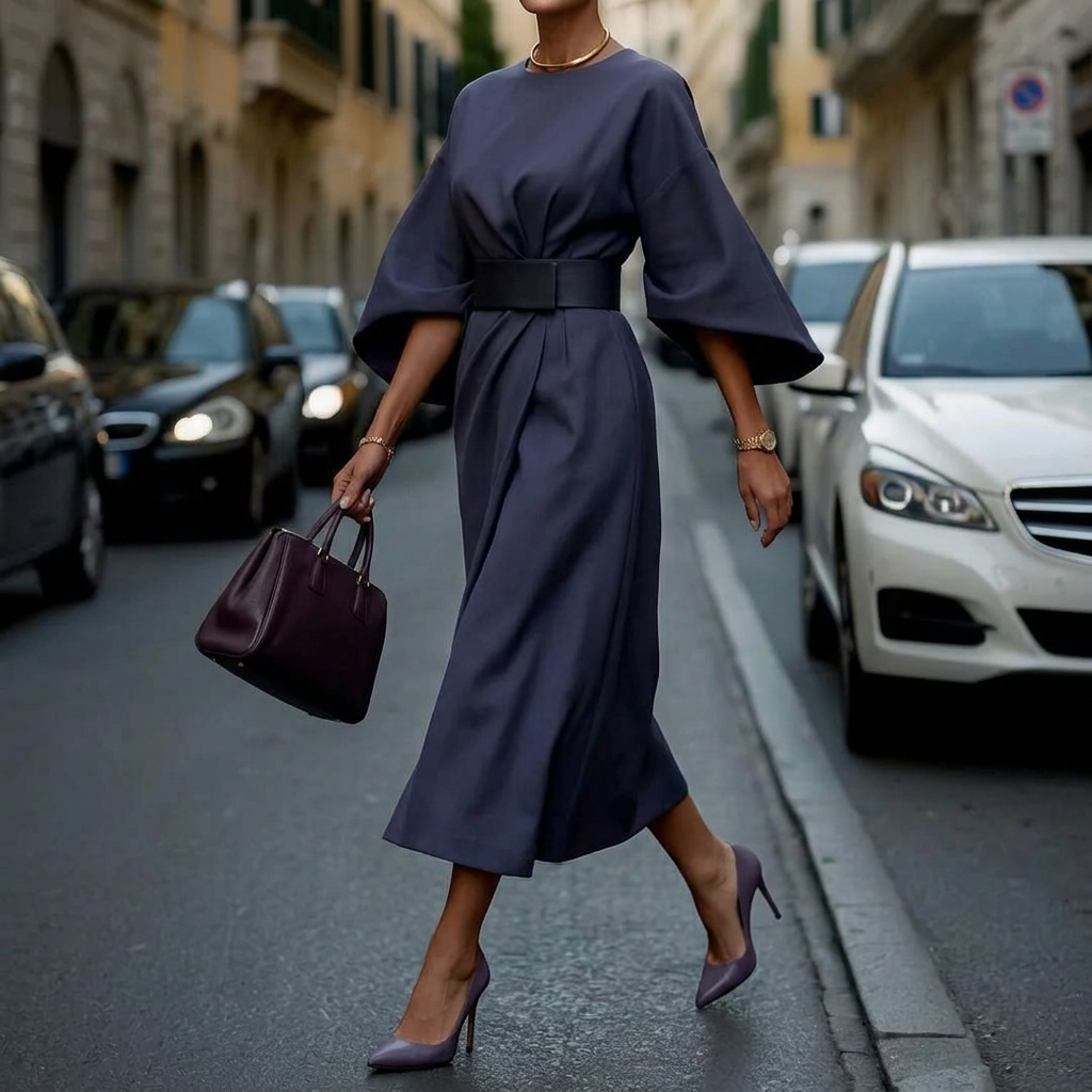 Women’s Midi Dress – Wide Sleeve Belted Design