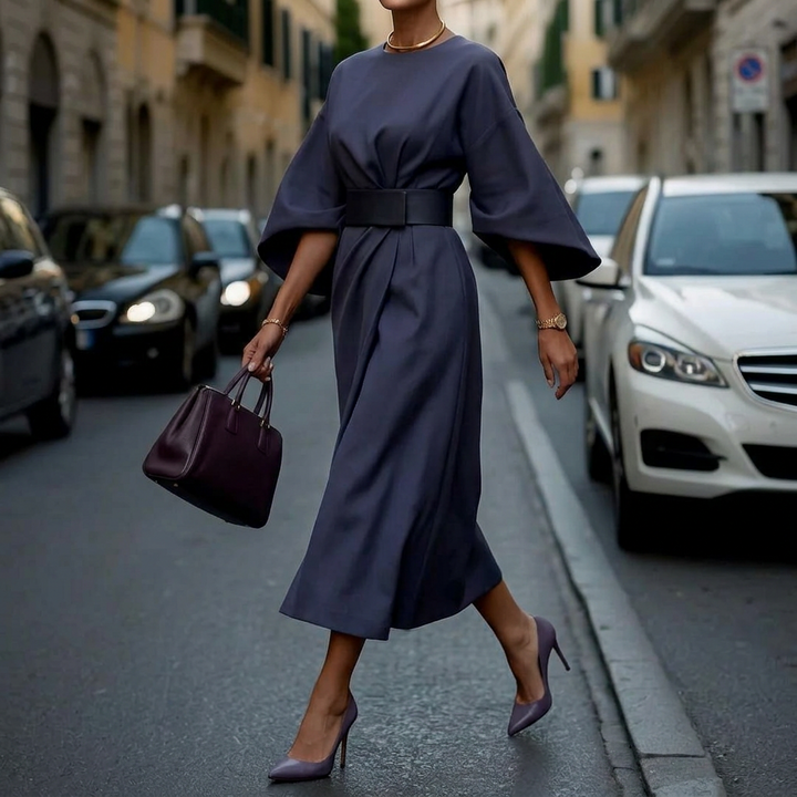 Women’s Midi Dress – Wide Sleeve Belted Design