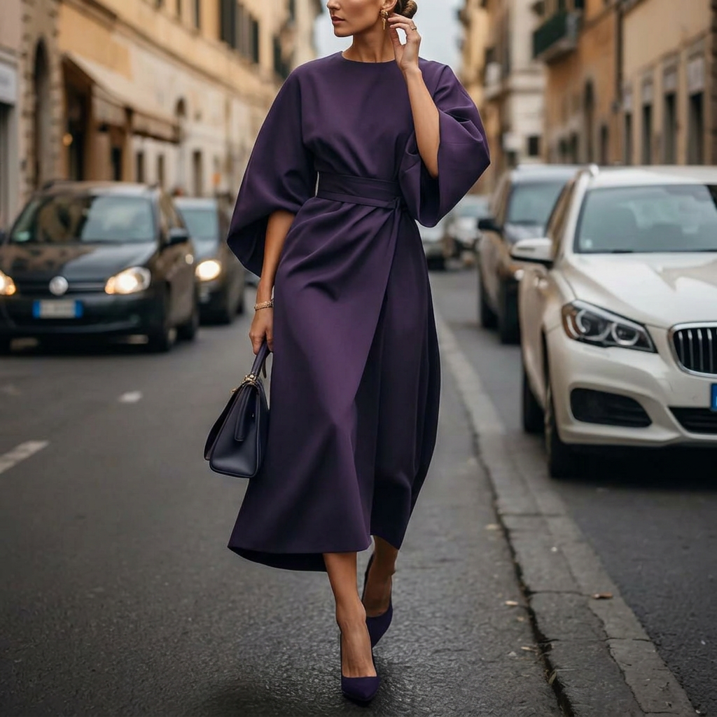 Women’s Midi Dress – Wide Sleeve Belted Design
