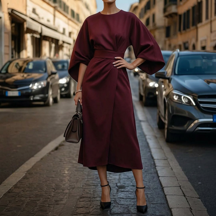 Women’s Midi Dress – Wide Sleeve Belted Design