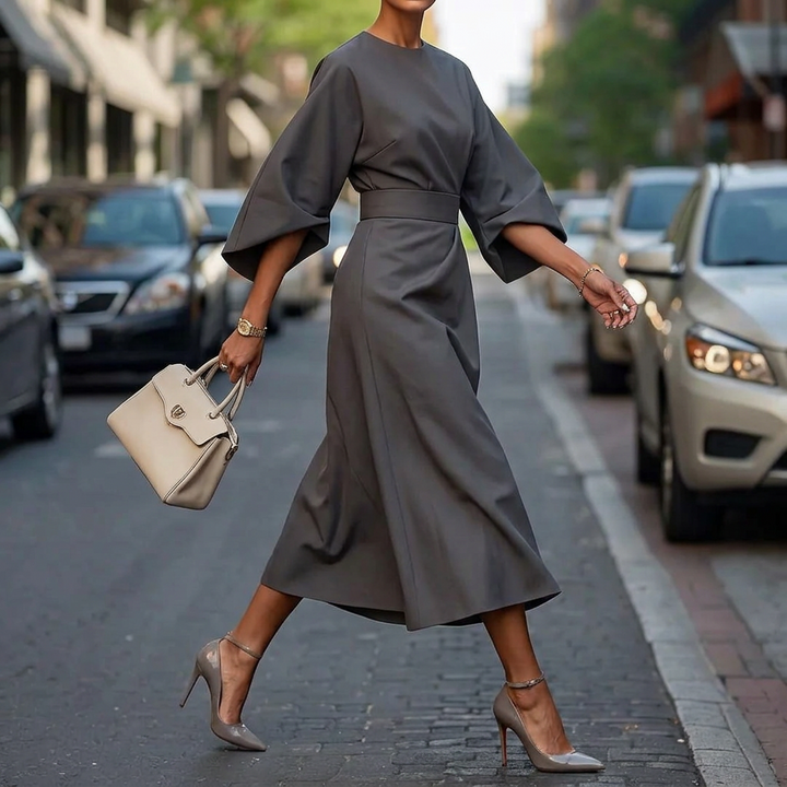 Women’s Midi Dress – Wide Sleeve Belted Design