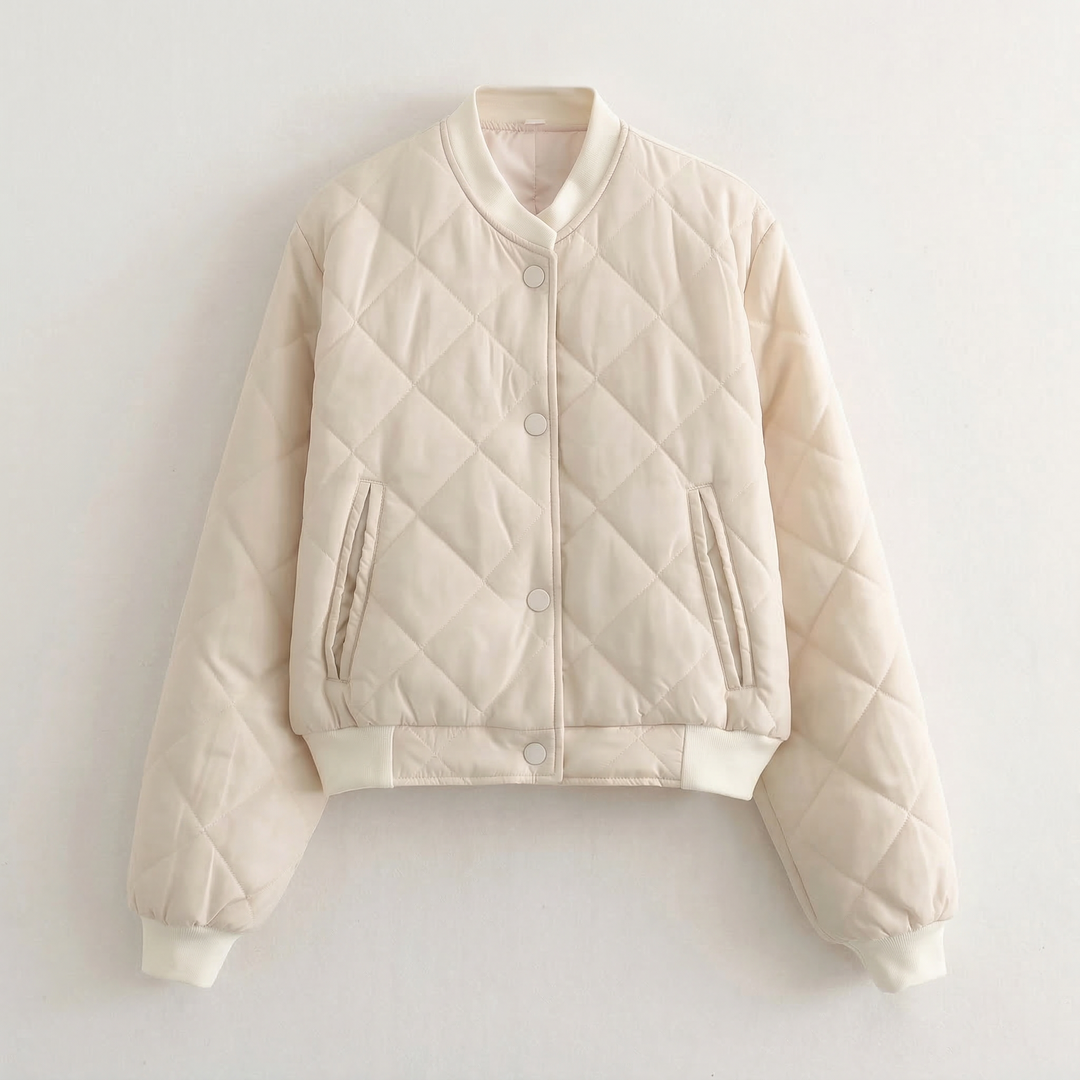 Women’s Quilted Bomber Jacket – Snap Button Front Design