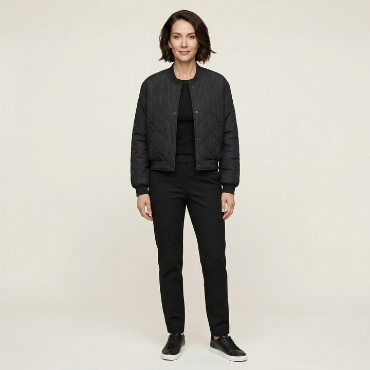 Women’s Quilted Bomber Jacket – Snap Button Front Design