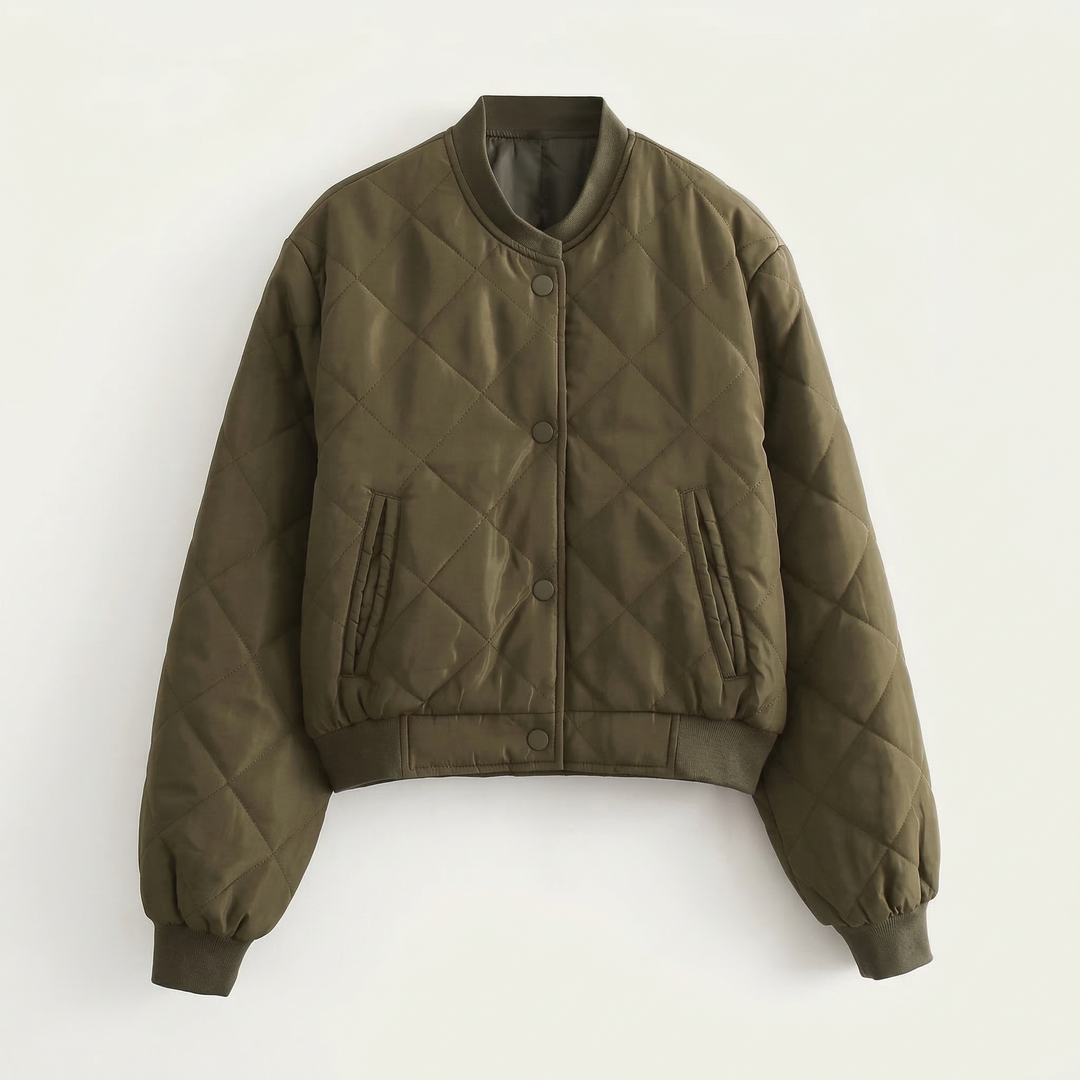 Women’s Quilted Bomber Jacket – Snap Button Front Design