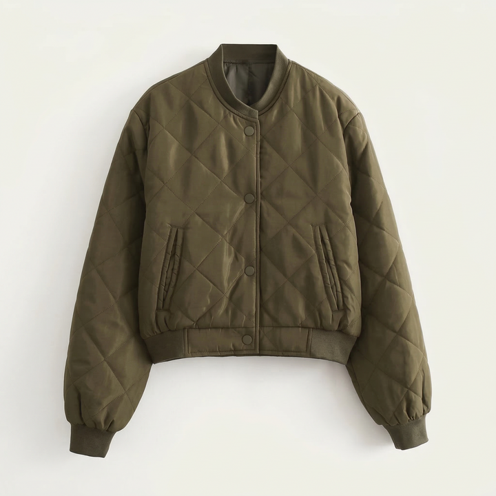Women’s Quilted Bomber Jacket – Snap Button Front Design