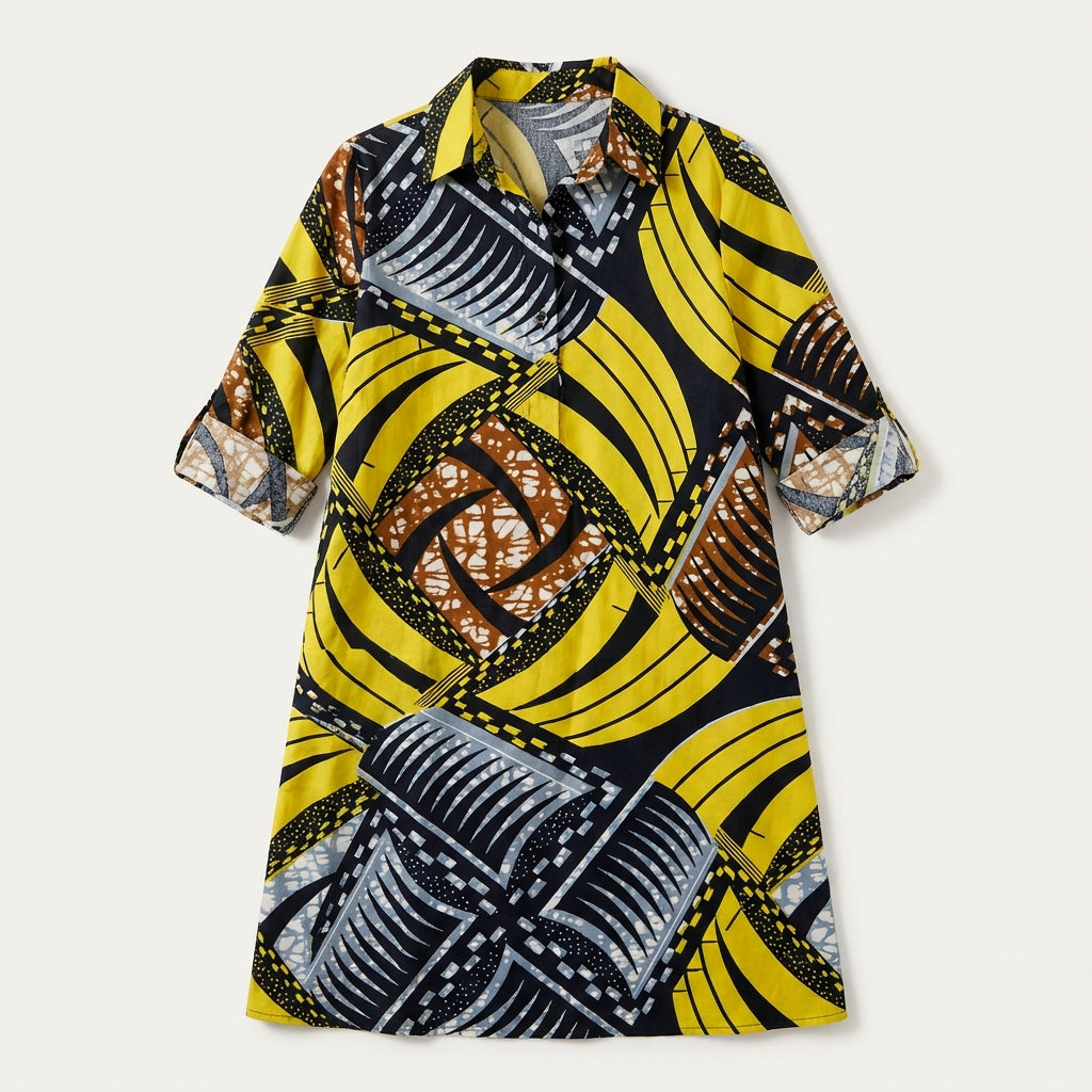 Women’s Shirt Dress – Button-Front Design with Printed Pattern
