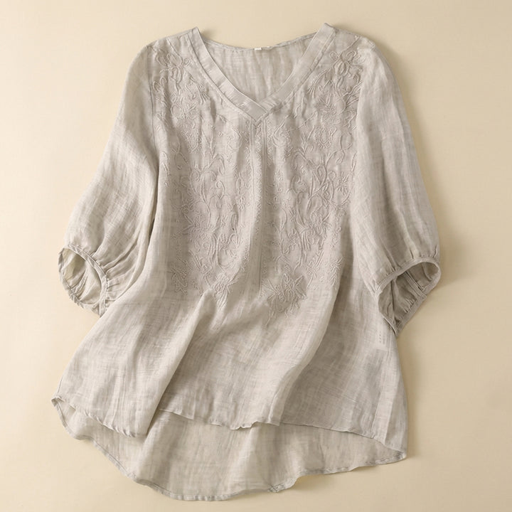 Women’s V-Neck Blouse – Embroidered Front with Three-Quarter Sleeves
