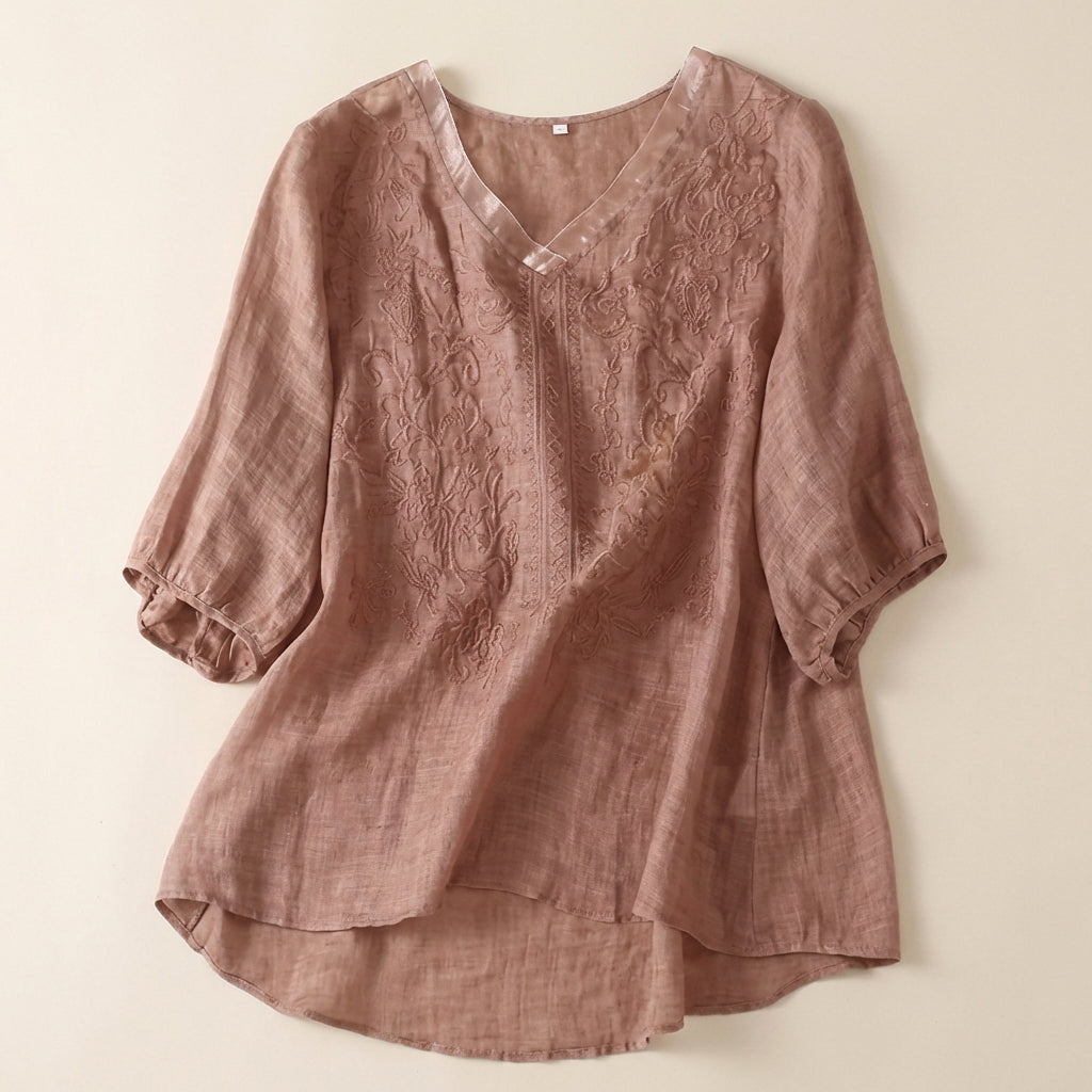 Women’s V-Neck Blouse – Embroidered Front with Three-Quarter Sleeves