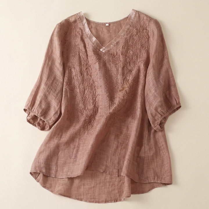 Women’s V-Neck Blouse – Embroidered Front with Three-Quarter Sleeves