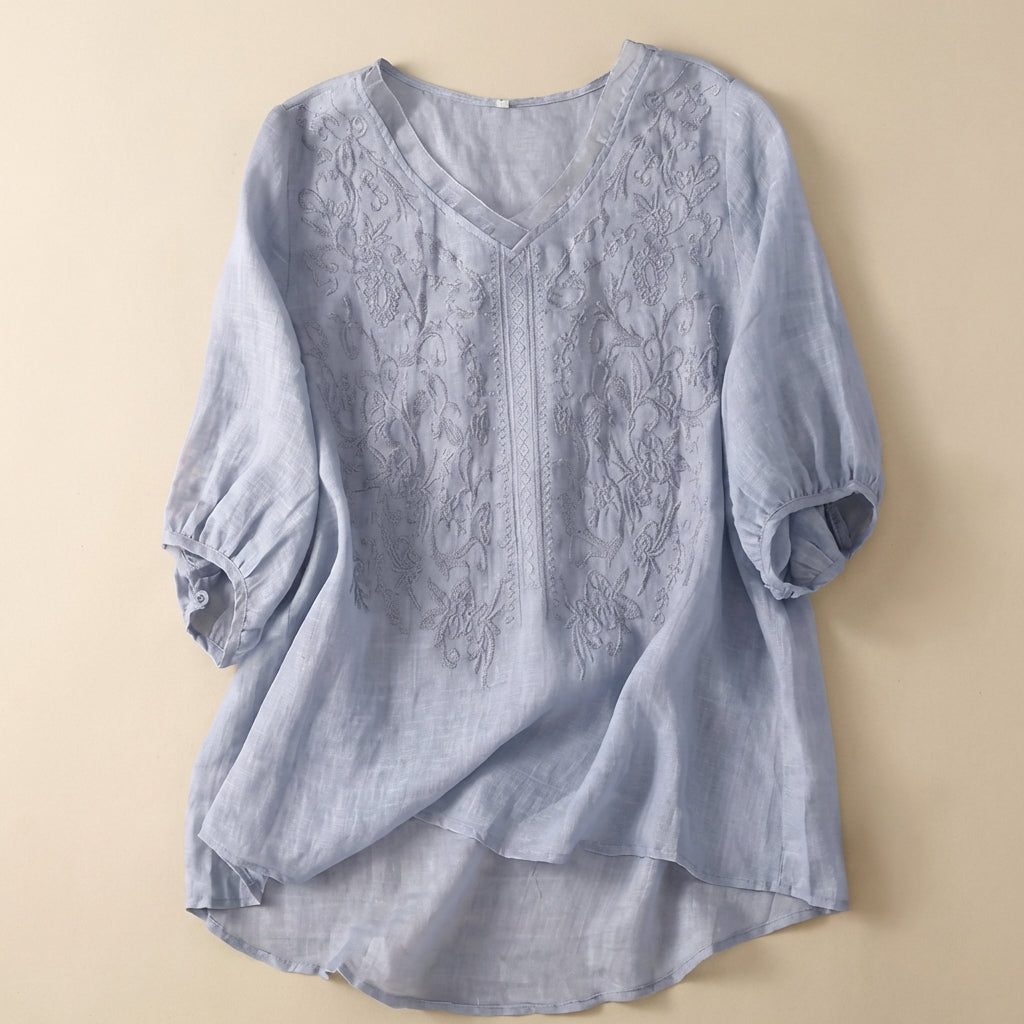 Women’s V-Neck Blouse – Embroidered Front with Three-Quarter Sleeves