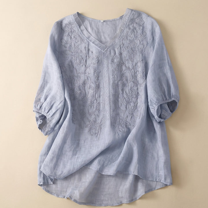 Women’s V-Neck Blouse – Embroidered Front with Three-Quarter Sleeves