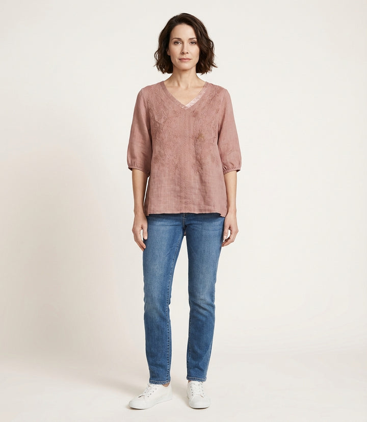 Women’s V-Neck Blouse – Embroidered Front with Three-Quarter Sleeves