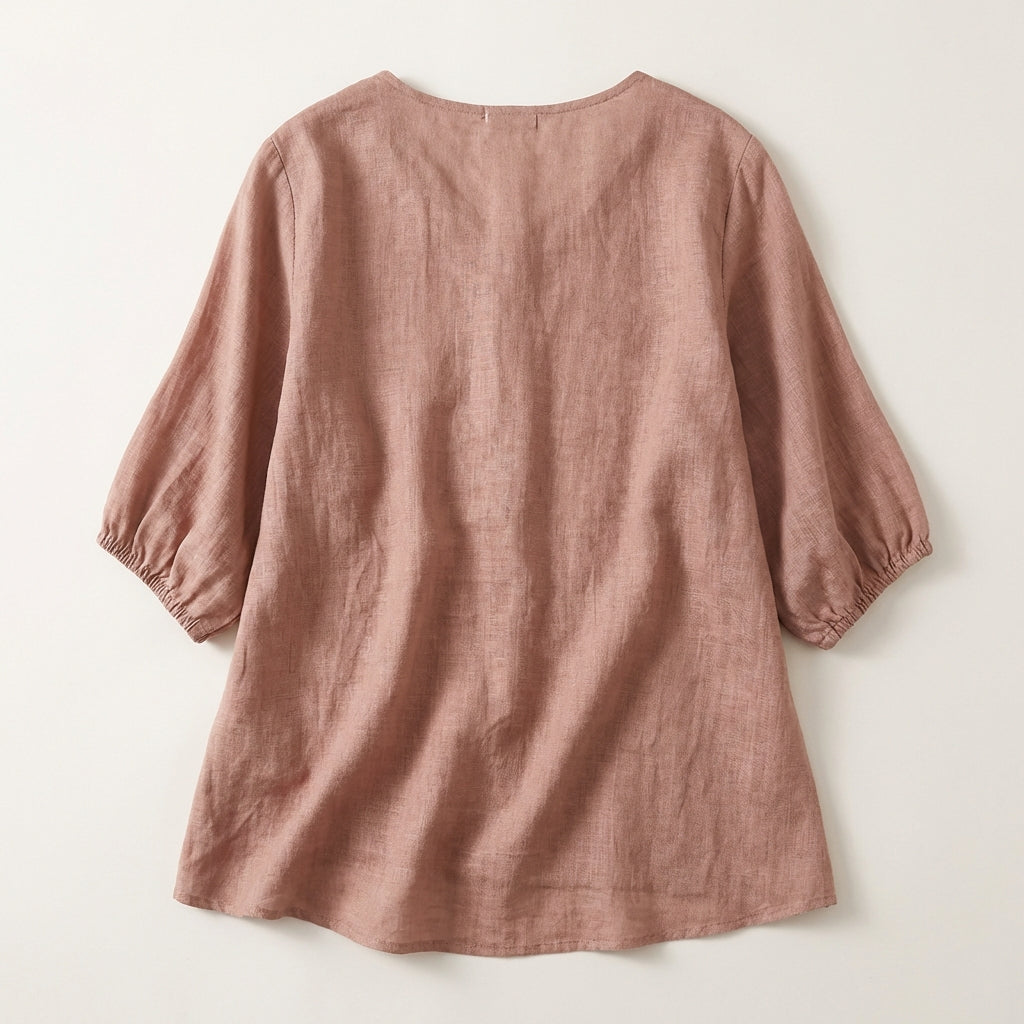 Women’s V-Neck Blouse – Embroidered Front with Three-Quarter Sleeves