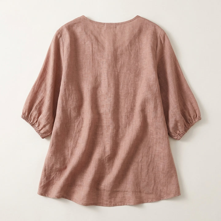 Women’s V-Neck Blouse – Embroidered Front with Three-Quarter Sleeves