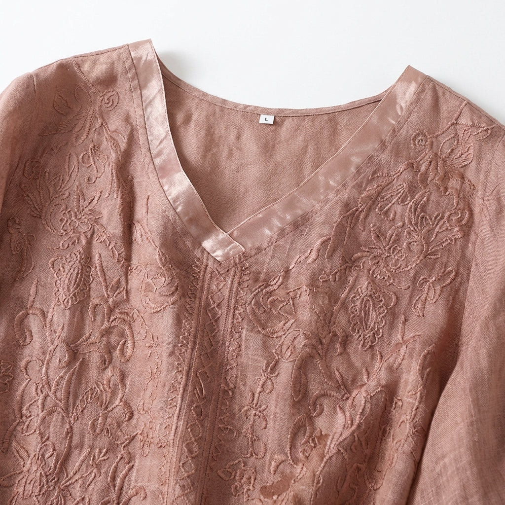 Women’s V-Neck Blouse – Embroidered Front with Three-Quarter Sleeves
